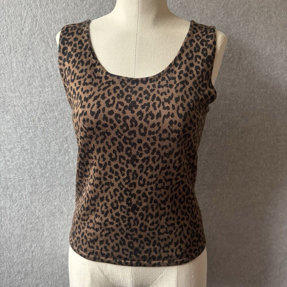 Leopard Print Tank Top Women 6 Petite Brown Black Knit Wool Bend Tahari Levine